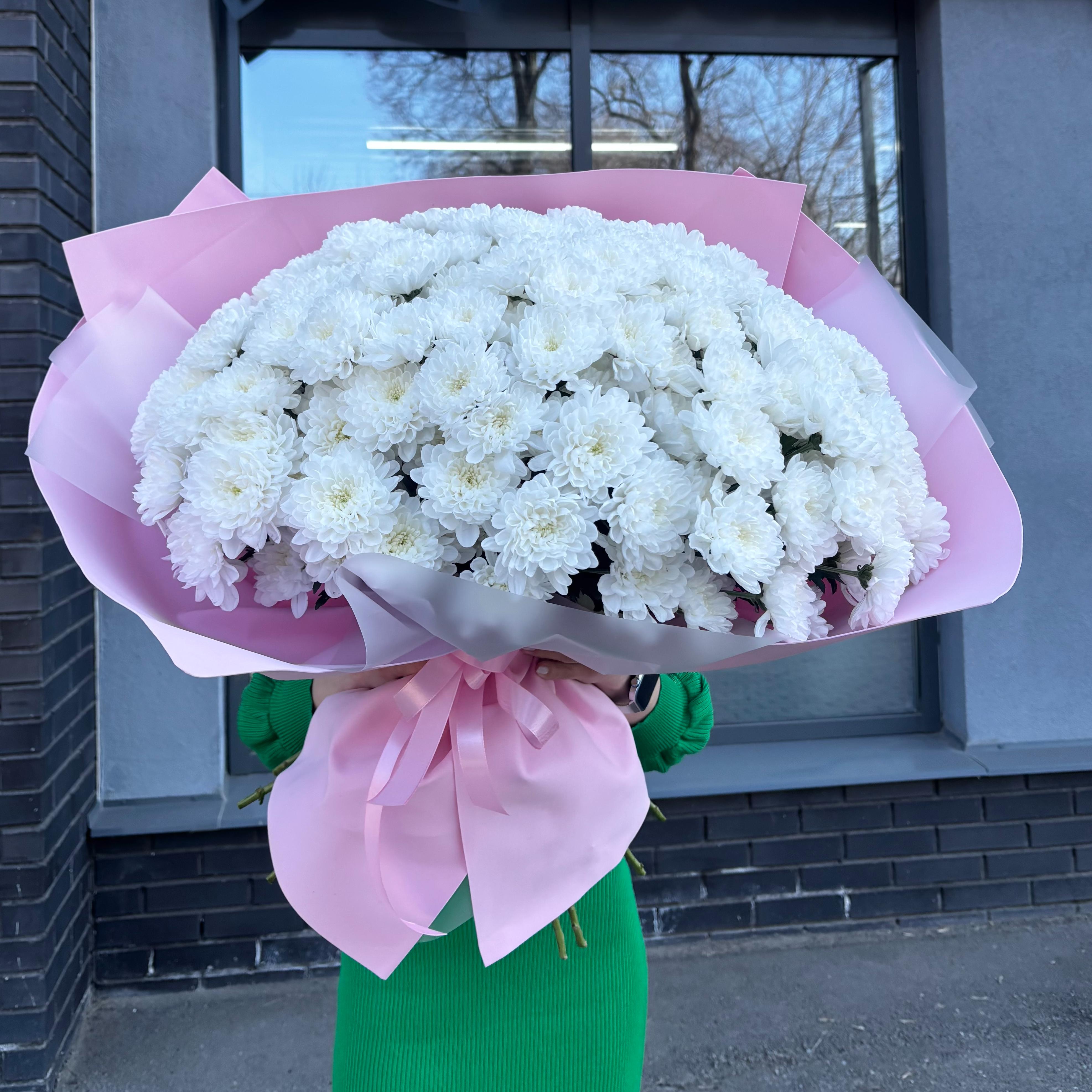 Букет из 25 белых махровых хризантем