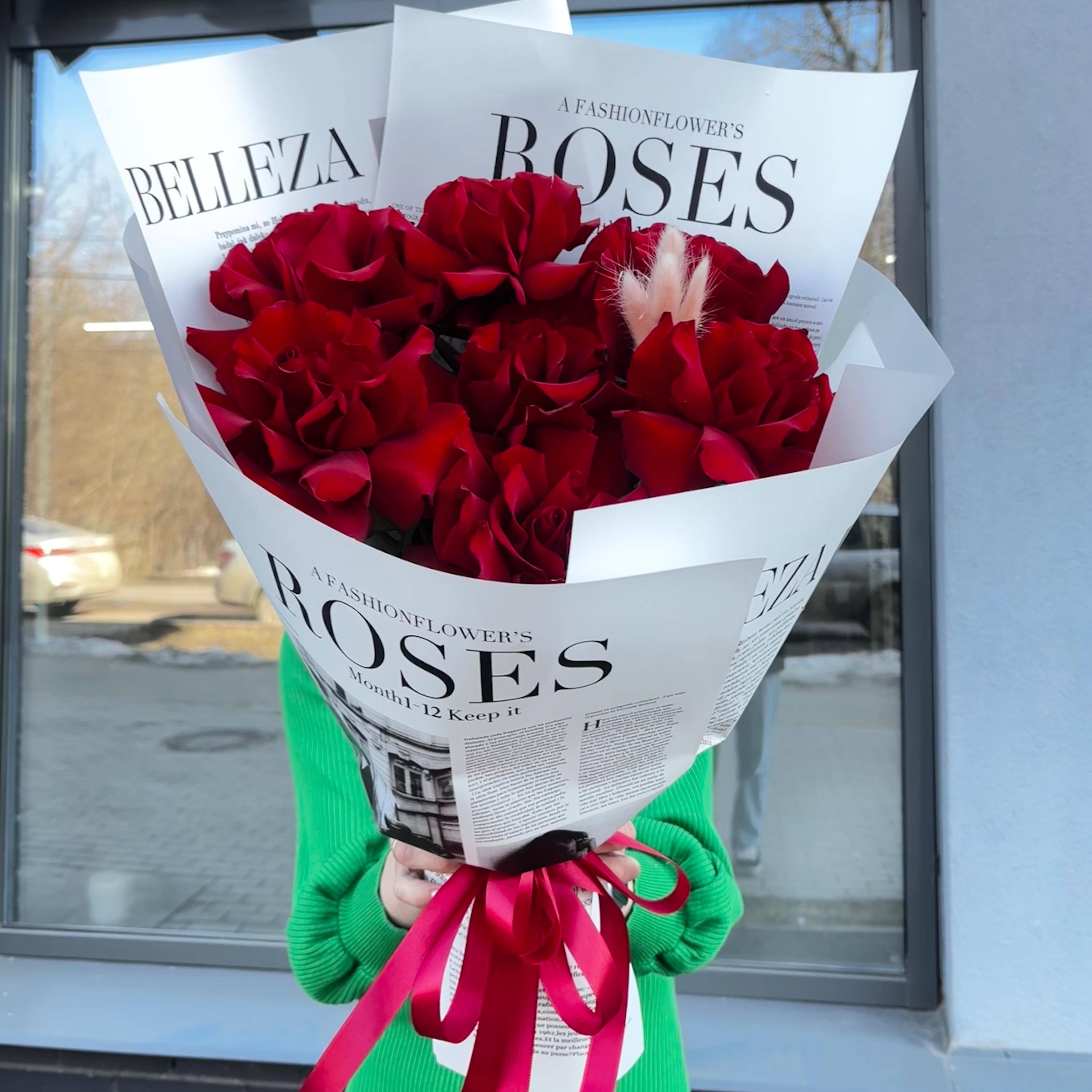 Букет "7 бордовых французских роз 50 см"