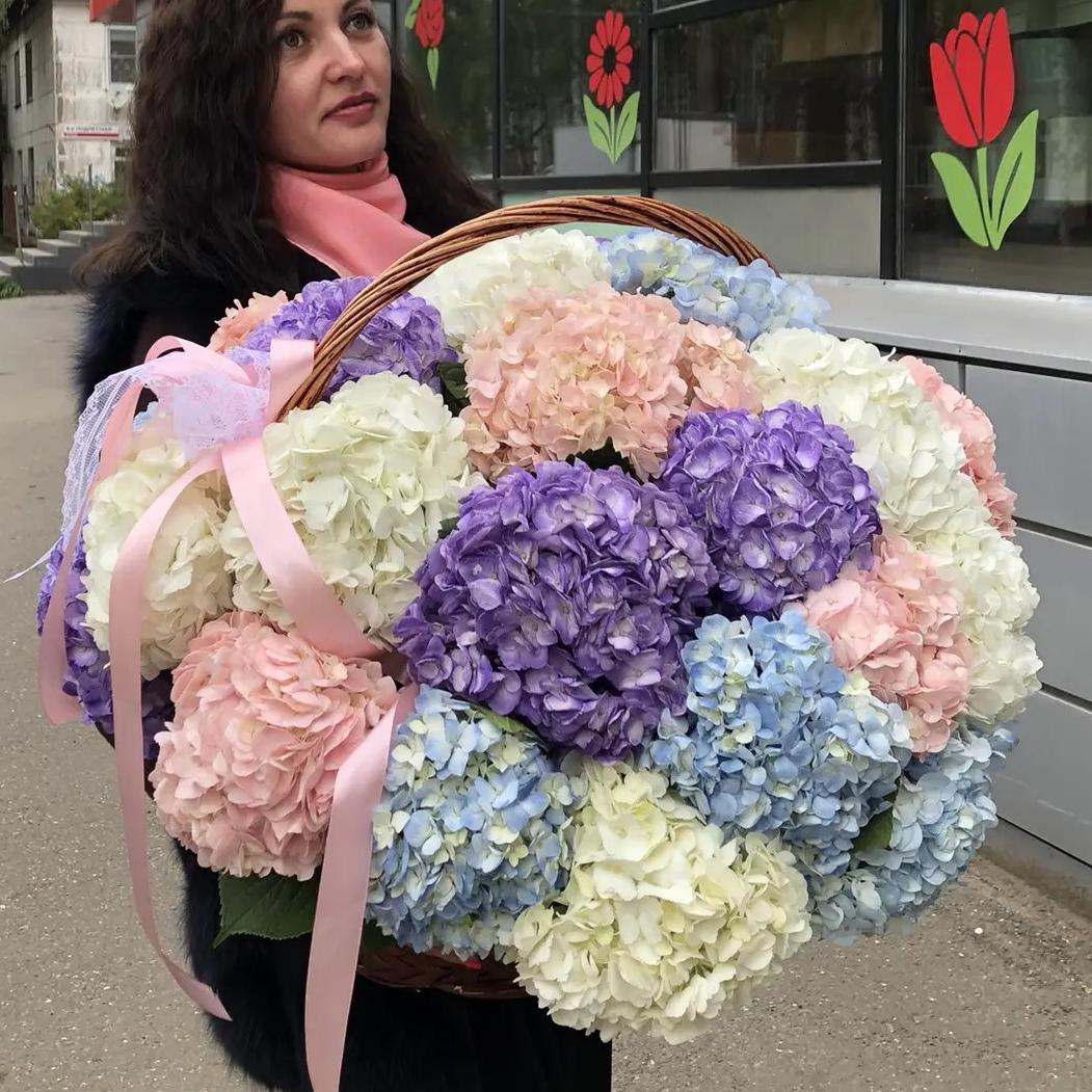 Композиция "25 гортензий в корзине"
